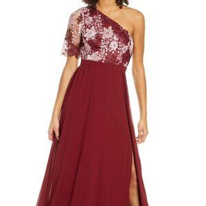 Chi Chi London Burgundy Lace Crochet Bodice Maxi Formal Dress